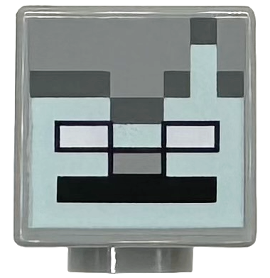 Minifigure, Head, Modified Cube with Pixelated Light Aqua Face with Nose, Dark Bluish Gray Outline, White Eyes, Black Mouth Pattern: {умерено каменно сив}