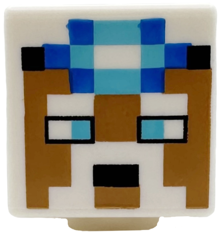 Minifigure, Head, Modified Cube with Pixelated Medium Nougat Face with Eyes, Mouth, Moustache and Beard, Medium Azure and Blue Headlamp, Black Band Pattern: {бял}