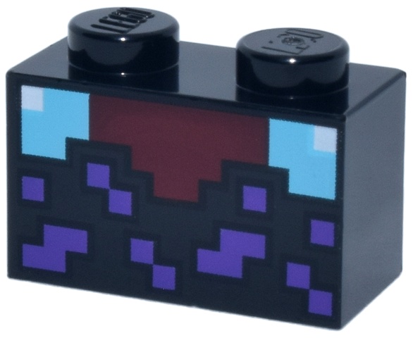 Brick 1 x 2 with Minecraft Pixelated Enchanting Table, Dark Red, Medium Azure and White with Dark Purple Squares Pattern: {черен}