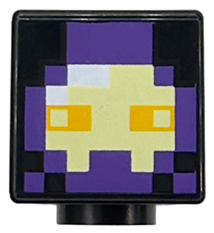 Minifigure, Head, Modified Cube with Pixelated Dark Purple and Bright Light Yellow Mask, White Reflection and Bright Light Orange Eyes Pattern (Minecraft Realm Raider): {черен}