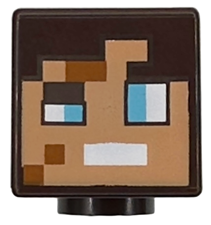 Minifigure, Head, Modified Cube with Pixelated Nougat Face, Dark Orange Spots, Medium Azure Eyes, and White Mouth Pattern (Minecraft Dimensional Defender): {тъмно кафяв}