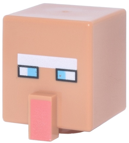 Minifigure, Head, Modified Cube Tall with Raised Rectangle with Pixelated White Unibrow, Medium Azure Eyes, and Coral Nose Pattern (Minecraft Santa Villager): {нуга}