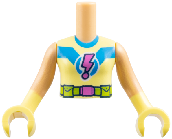 Torso Mini Doll Girl Bright Light Yellow Superhero Costume, Dark Azure Collar and Stripe, Dark Pink Lightning Exclamation Mark, Lime Utility Belt Pattern, Medium Tan Arms with Bright Light Yellow Hands / Gloves: {умерен тан}