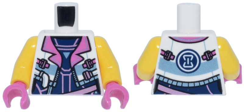 Torso Female Cropped Jacket Open with Zipper, Dark Pink Lapels and Buckles over Dark Blue and Metallic Pink Top, Hourglass on Back Pattern / Yellow Arms / Dark Pink Hands: {бял}