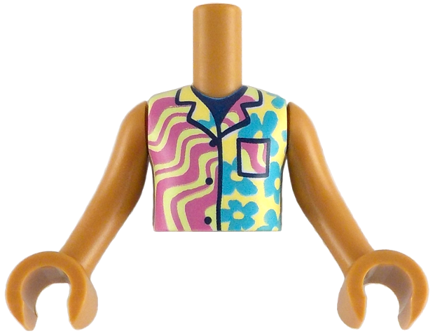 Torso Mini Doll Boy Yellowish Green Sleeveless Shirt with Dark Azure Flowers and Dark Pink Wavy Stripes Pattern, Medium Nougat Arms with Hands: {умерен нуга}