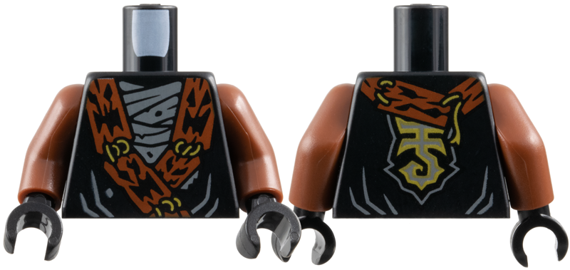 Torso Tunic with Dark Orange Wide Lapels, Gold Lacing, Dark Bluish Gray Wrapping Pattern / Reddish Brown Arms / Black Hands: {черен}