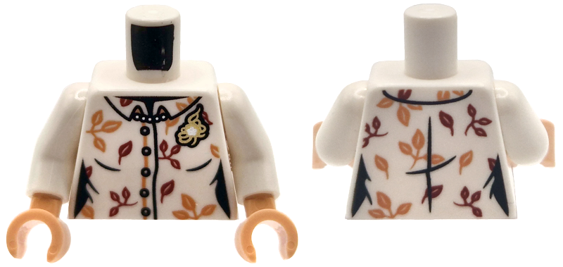 Torso Female Button Up Shirt with Nougat and Dark Red Leaves, Silver Pearl Necklace, Gold Brooch Pattern / White Arms / Light Nougat Hands: {бял}