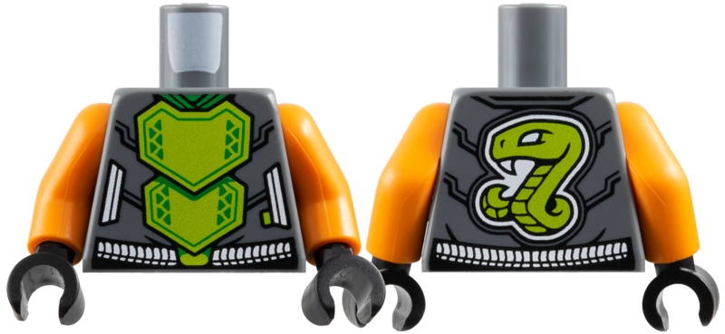 Torso Armor, Lime Breastplate with Bright Green Triangles and Trim, White Belt, Snake on Back Pattern / Orange Arms / Black Hands: {тъмно каменно сив}