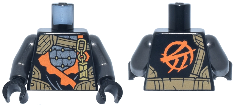 Torso Tunic with Orange Trim, Dark Silver Armor, Dark Tan Strap, Gold Clasp and Charm with Ninjago Logogram Letter C Pattern / Pearl Dark Gray Arms / Black Hands: {черен}