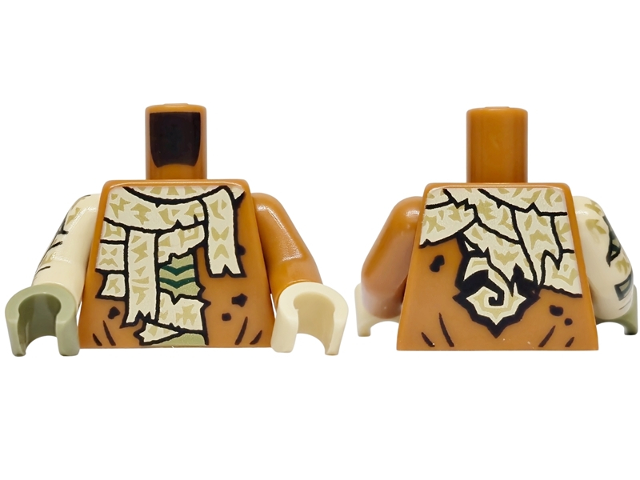 Torso Shirt Open with Black Splotches and Creases, Olive Green Stomach, Tattered Tan Wrappings with Gold Highlights Pattern / Dark Orange Arm Left / Tan Arm Right with Wrappings Pattern / Tan Hand Left / Olive Green Hand Right: {тъмно оранжев}