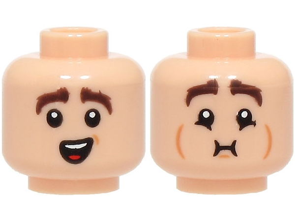 Minifigure, Head Dual Sided Dark Brown Eyebrows, Surprised Open Mouth with Top Teeth and Tongue / Queasy (Breath Holding) with Medium Nougat Cheek Lines Pattern: {светло нуга}
