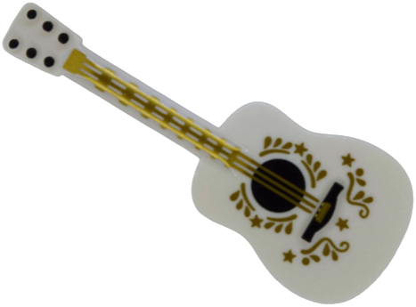 Minifigure, Utensil Musical Instrument, Guitar Acoustic with Black Tuning Knobs, Gold Strings, Ornaments and Stars Pattern: {бял}