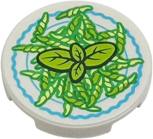 Tile, Round 2 x 2 with Bottom Stud Holder with Dish with Green and Bright Light Yellow Pasta and Lime Basil Leaves Pattern: {бял}