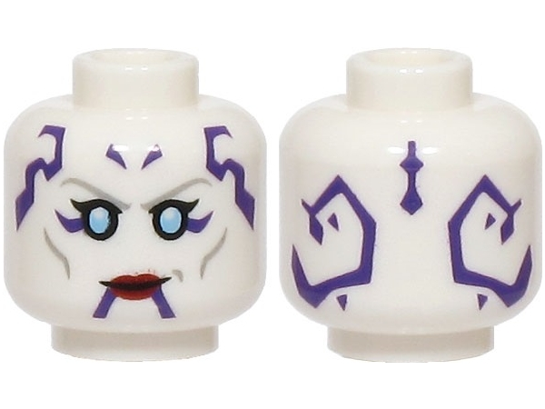 Minifigure, Head Alien Female SW Dathomirian Zabrak with Light Bluish Gray Eyebrows and Cheek Lines, Bright Light Blue Eyes, Dark Purple Markings, Dark Red Lips, Grin Pattern: {бял}