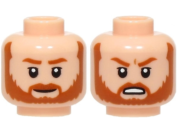 Minifigure, Head Dual Sided Dark Orange Eyebrows, Moustache, Beard and Sideburns, Grin / Angry Open Mouth with Teeth Pattern: {светло нуга}