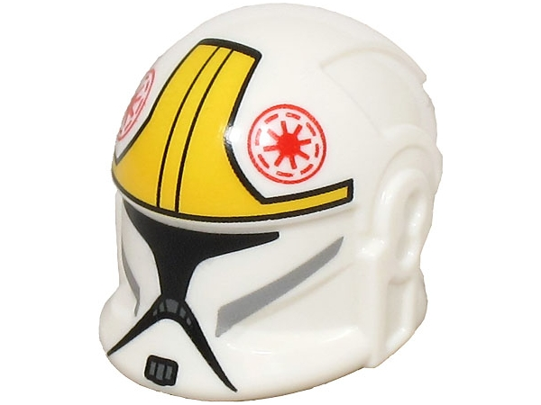 Minifigure, Headgear Helmet SW Clone Pilot with Black Visor, Light Bluish Gray Stripes, Red Galactic Republic Logo and Yellow Markings Pattern: {бял}