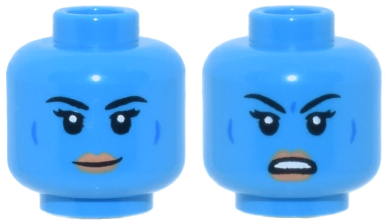 Minifigure, Head Dual Sided Alien Female SW Twi'lek with Black Eyebrows, Nougat Lips, Blue Cheek Lines, Neutral / Angry Open Mouth Frown with Teeth Pattern: {тъмно небесносин}
