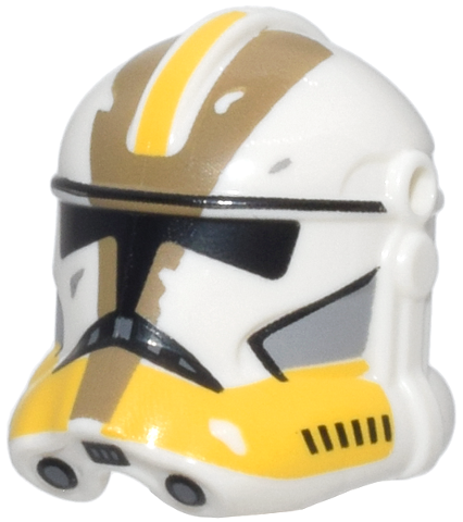 Minifigure, Headgear Helmet SW Clone Trooper (Phase 2) with Holes with Black Visor, Yellow and Dark Tan Markings and Light Bluish Gray Cheek Indents Pattern: {бял}