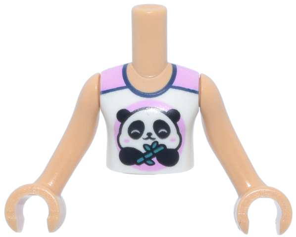 Torso Mini Doll Girl White and Bright Pink Sleeveless Top, Dark Blue Trim, Panda Bear and Bamboo Pattern, Medium Tan Arms with Hands: {умерен тан}