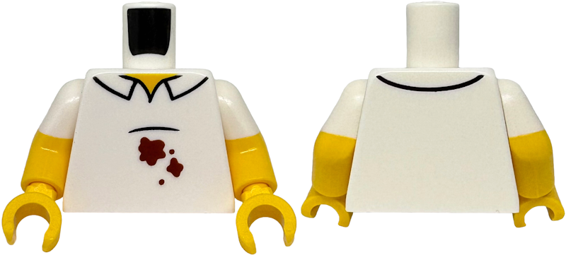 Torso Shirt with Collar, Black Stomach Line, Reddish Brown Stains, Yellow Neck Pattern / Yellow Arms with Molded White Short Sleeves Pattern / Yellow Hands: {бял}