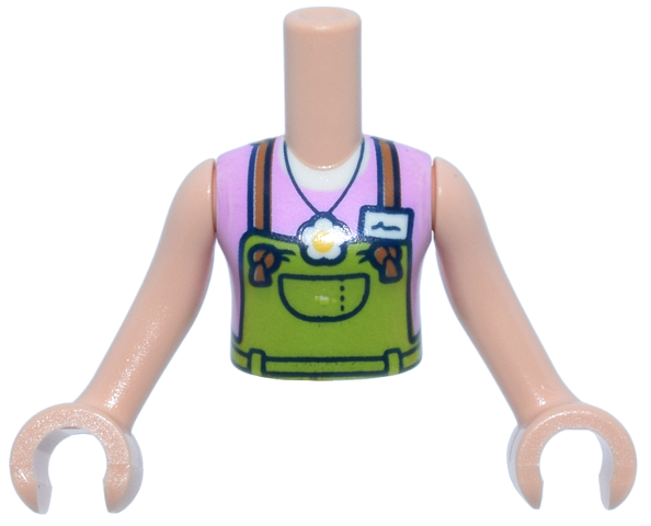 Torso Mini Doll Girl Lime Overalls, Medium Nougat Straps, White Flower Pendant and Name Tag Over Bright Pink Sleeveless Top Pattern, Light Nougat Arms with Hands: {светло нуга}