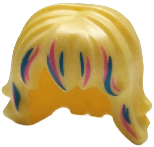 Minifigure, Hair Female Mid-Length Wavy with Bangs with Dark Azure and Dark Pink Streaks Pattern: {студено жълт}