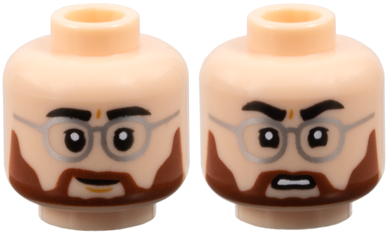 Minifigure, Head Dual Sided Black Eyebrows, Silver Glasses, Reddish Brown Moustache and Full Beard, Dimples, Slight Lopsided Grin / Open Mouth Scowl with Teeth Pattern: {светло нуга}