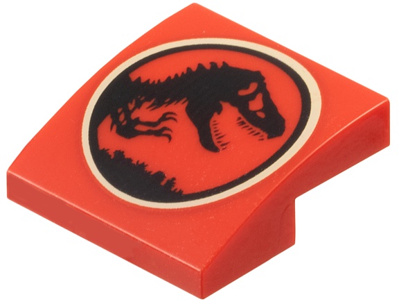 Slope, Curved 2 x 2 x 2/3 with Black Dinosaur in Tan Circle (Jurassic Park Logo) Pattern: {ярко червен}