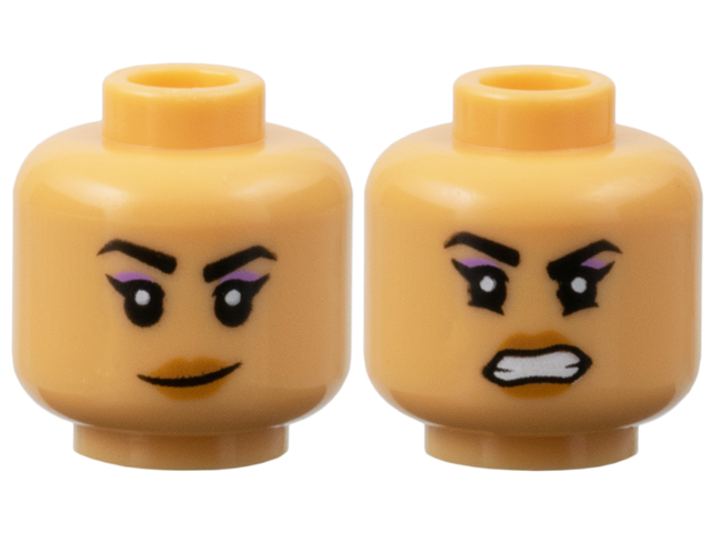 Minifigure, Head Dual Sided Female Black Eyebrows, Medium Lavender Eye Shadow, Medium Nougat Lips, Crooked Smile / Open Mouth Scowl with Teeth Pattern: {умерен тан}