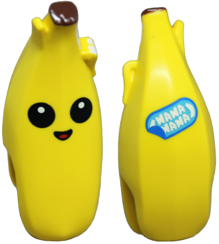 Minifigure, Head, Modified Peeled Banana with Face, Black Eyes, Open Mouth, Reddish Brown Top and 'NANA NANA' Label on Back Pattern: {ярко жълт}