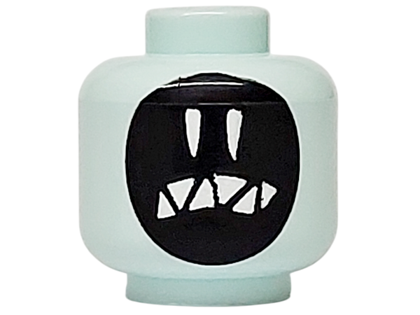 Minifigure, Head Alien with Black Face, White Long Eyes and Pointed Teeth Pattern: {аквамарин}