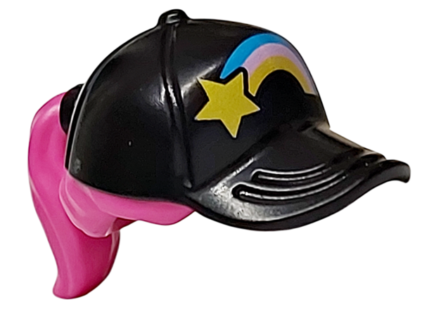 Minifigure, Hair Combo, Hair with Hat, Ponytail with Molded Black Ball Cap and Printed Dark Azure, Bright Pink and Yellow Rainbow and Star Pattern: {ярко пурпурен}