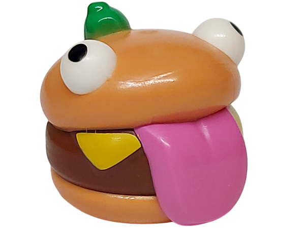Minifigure, Head, Modified Burger with Molded Reddish Brown Patty, Dark Pink Tongue and White Eyes and Printed Black Pupils, Yellow Cheese Slice and Bright Green Olive Pattern: {нуга}