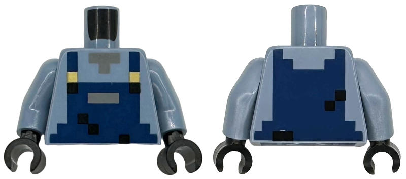 Torso Pixelated Dark Blue Overalls with Pocket, Black Spots and Gold Buckles over Shirt, Dark Bluish Gray Neck Pattern / Sand Blue Arms / Black Hands: {пясъчно син}
