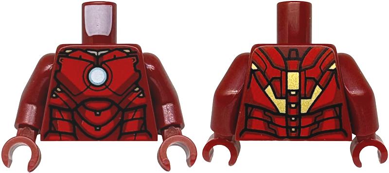 Torso Armor with Metallic Light Blue and White Circle Arc Reactor, Red Panels, Gold Trim on Back Pattern (Iron Man Mark 4) / Dark Red Arms / Dark Red Hands: {нов тъмно червен}