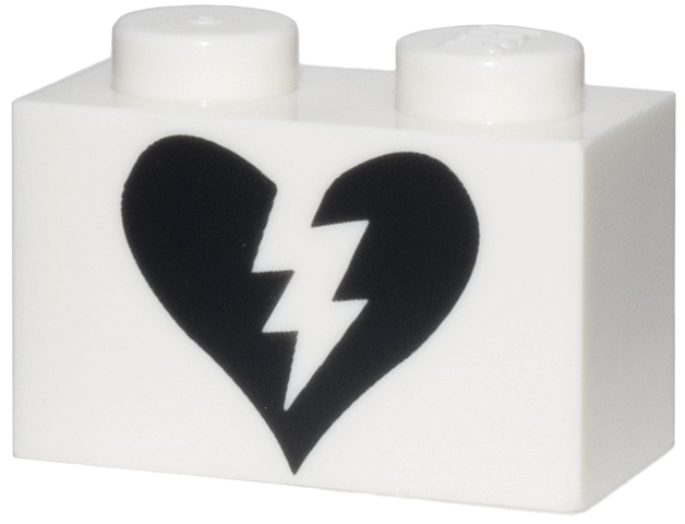 Brick 1 x 2 with Black Split Broken Heart Pattern: {бял}