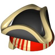 Minifigure, Headgear Hat, Pirate Tricorne / Triangle with Molded Tan Brim and Bandana and Printed Red Stripes Pattern: {черен}