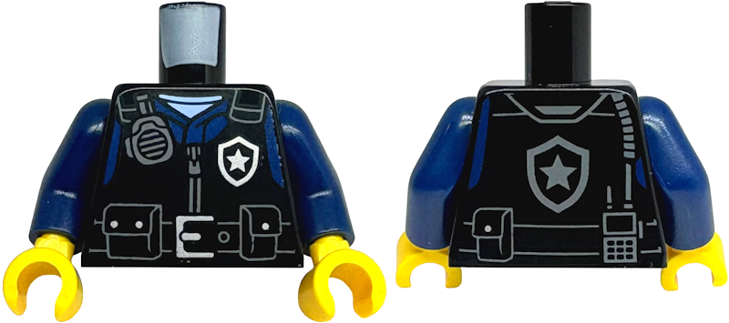 Torso Police Safety Vest, Silver Star Badge Logo, Dark Bluish Gray Radio, Belt with Buckle and Pouches, Dark Blue Shirt Pattern / Dark Blue Arms / Yellow Hands: {черен}