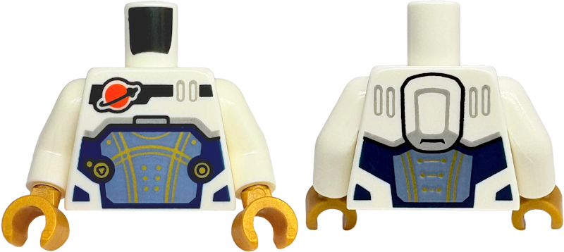Torso Reddish Orange and Black Classic Space Logo, Sand Blue Panel with Gold Lines, Dark Blue Trim Pattern / White Arms / Pearl Gold Hands: {бял}