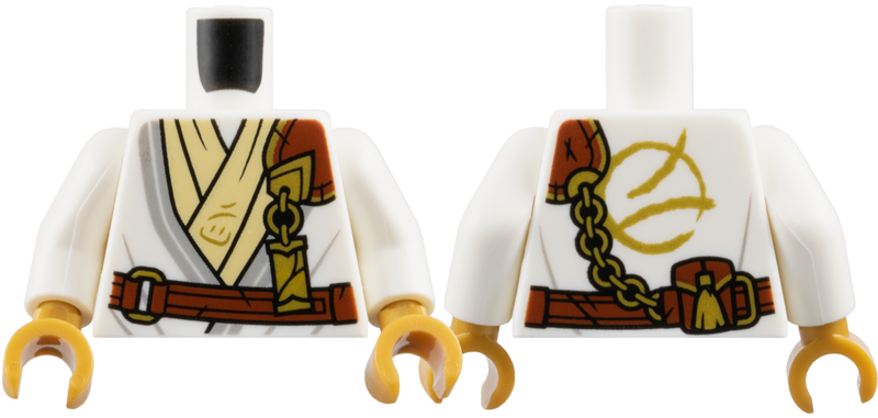 Torso Tunic with Light Bluish Gray Trim, Tan Layer, Reddish Brown Strap, Gold Clasp and Charm with Ninjago Logogram 'WU' Pattern / White Arms / Pearl Gold Hands: {бял}