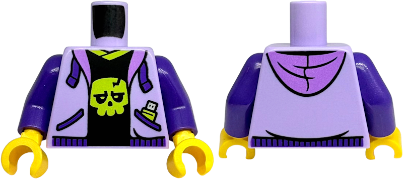 Torso Hoodie Open with Medium Lavender Hood, Dark Purple Drawstrings and Pockets, Black Shirt with Lime Collar and Skull Pattern / Dark Purple Arms / Yellow Hands: {лавандулов}