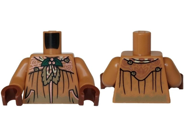 Torso Female Robe with Dark Tan Mud, Dark Green Holly Brooch, Copper Filigree, Black Wrinkles and Pockets, Tan Shawl Rounded on Back Pattern / Medium Nougat Arms / Reddish Brown Hands: {умерен нуга}