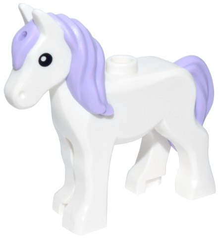 Horse, Foal with Stud on Back with Molded Lavender Tail and Long Mane with Hole and Printed Black Eyes Pattern: {бял}