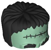 Minifigure, Headgear Head Top, Frankenstein Monster with Black Hair, Bushy Eyebrows and Small Stitches Pattern: {пясъчно зелен}