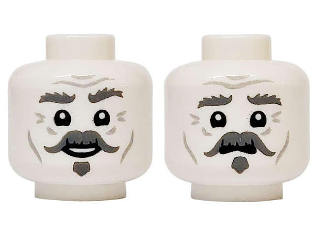 Minifigure, Head Dual Sided Dark Bluish Gray Bushy Eyebrows, Left Raised, Handlebar Moustache and Soul Patch, Light Bluish Gray Wrinkles, Cheek Lines and Forehead Creases, Lower Eyelids, Open Mouth Smile / Worried Expression Pattern: {бял}