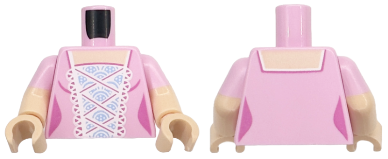 Torso Female Bodice Dress, Light Nougat Neck, White Lace Trim, Bright Light Blue Center Panel with Dark Pink Details Pattern / Light Nougat Arms with Molded Bright Pink Short Sleeves Pattern / Light Nougat Hands: {светло пурпурен}