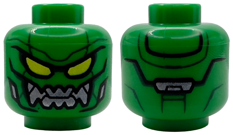 Minifigure, Head Alien with Lime Eyes with Black Outlines, Dark Green Contour Lines, Silver Mechanical Mouth Smile Pattern: {тъмно зелен}