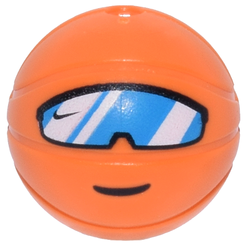 Minifigure, Head, Modified Basketball with Hole on Top with Dark Azure Sports Sunglasses, White Reflections and Black Nike Swoosh Logo and Smile Pattern: {ярко оранжев}