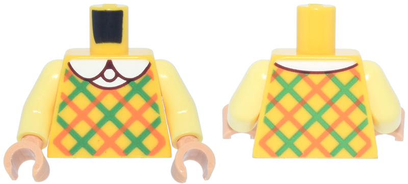 Torso Plaid Vest with Orange and Green Diagonal Stripes and White Shirt with Round Collar Pattern / Bright Light Yellow Arms / Nougat Hands: {ярко жълт}