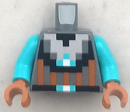 Torso Pixelated Silver Armor with Black Trim and Dark Orange Stripes, Belt with Medium Azure and White Buckle Pattern / Medium Azure Arms / Dark Orange Hands: {тъмно каменно сив}